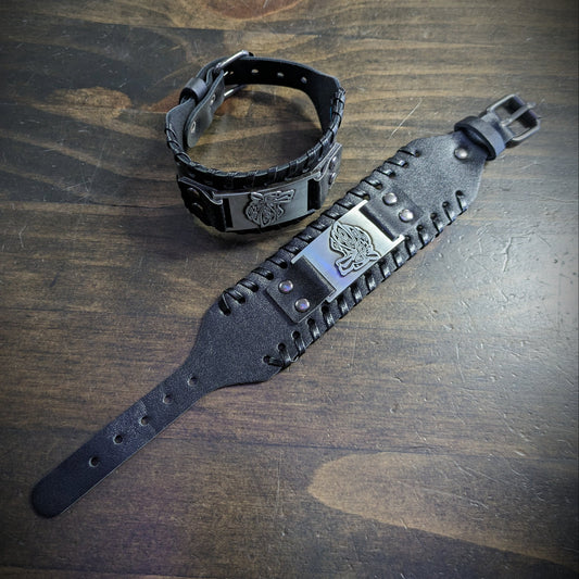 Leather Wrist Band with Wolf - Black image 0