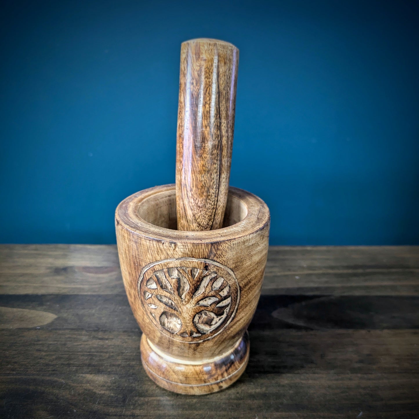 Wooden Mortar & Pestle - Tree Of Life image 1