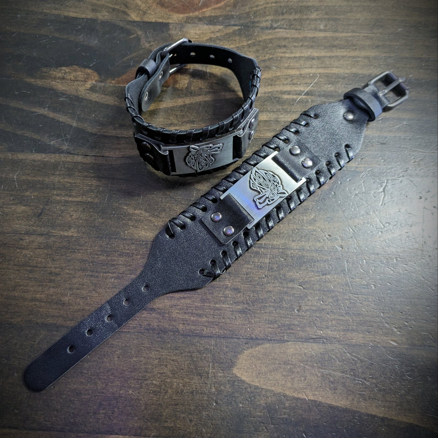 Leather Wrist Band with Wolf - Black image 0