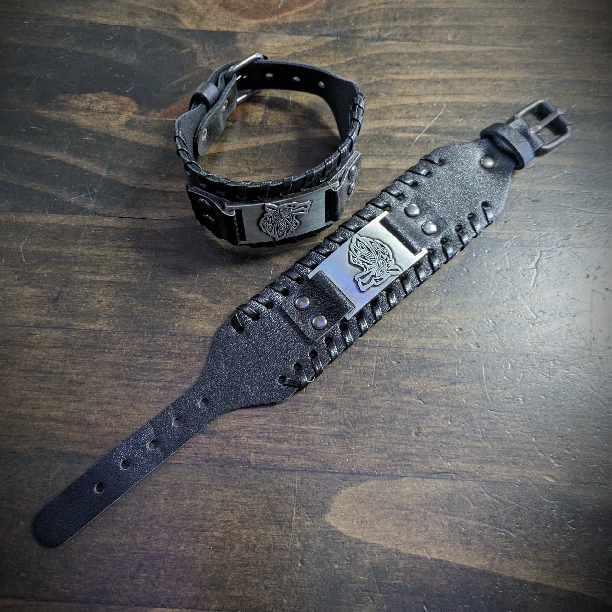 Leather Wrist Band with Wolf - Black image 0