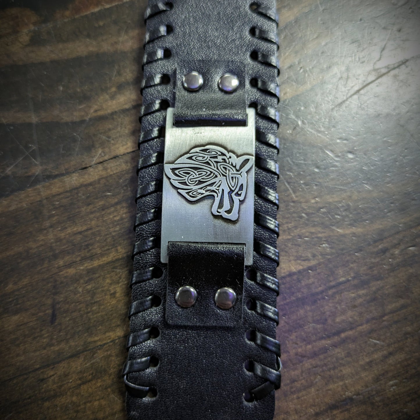 Leather Wrist Band with Wolf - Black image 1